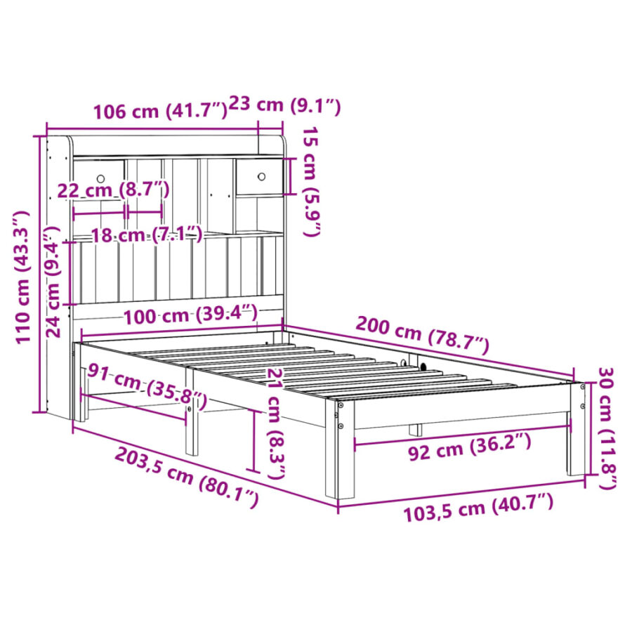 Bed met boekenkast zonder matras massief grenenhout 100x200 cm - Afbeelding 11