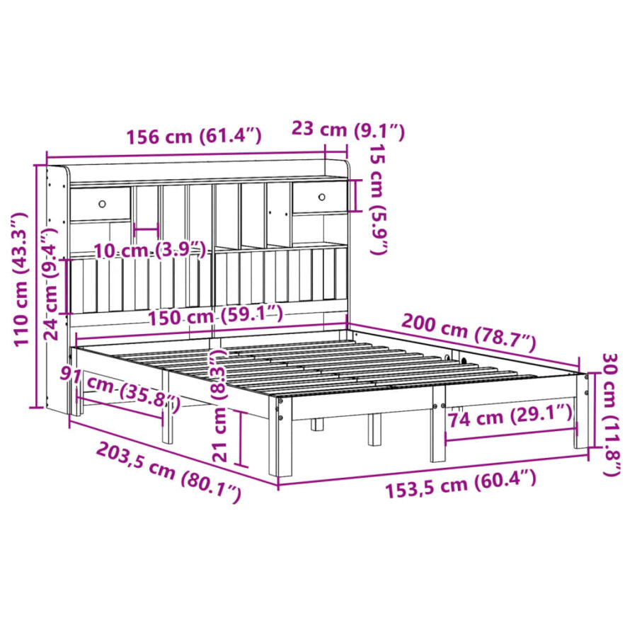 Bed met boekenkast zonder matras grenenhout wit 150x200 cm - Afbeelding 11