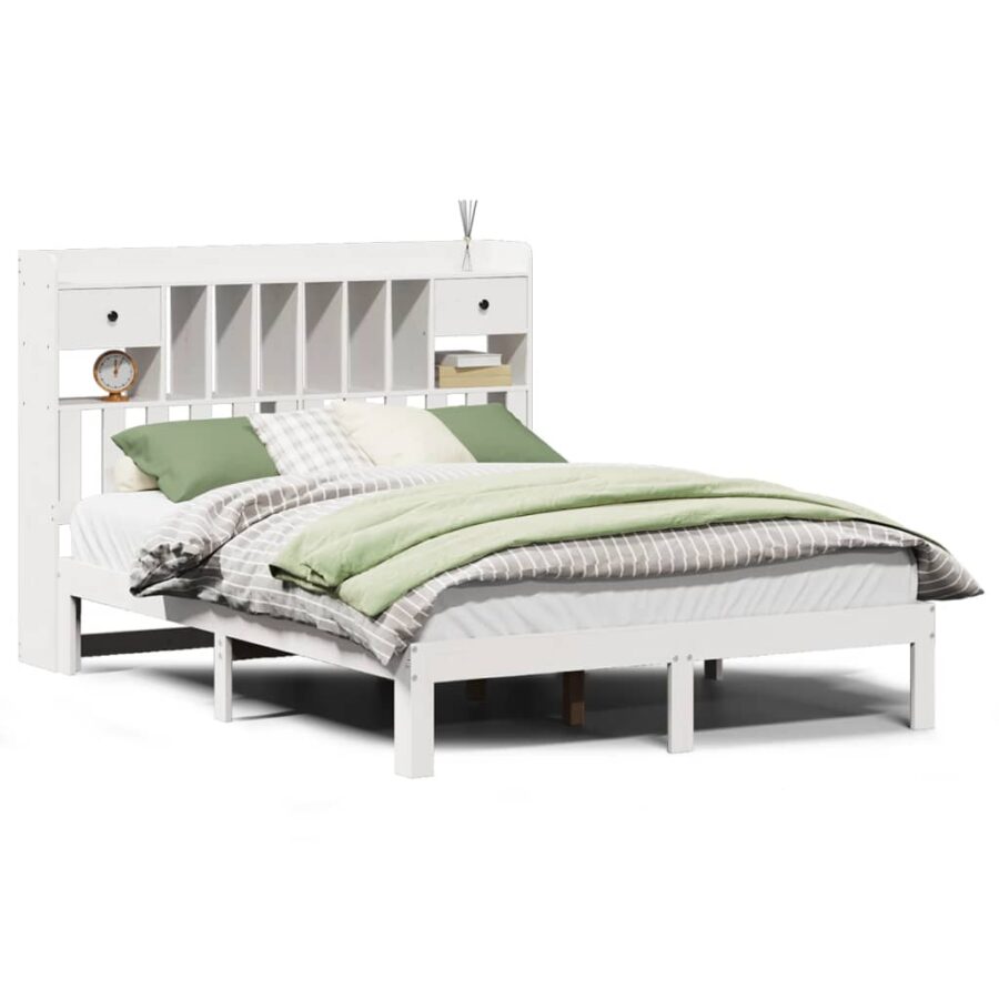 Bed met boekenkast zonder matras grenenhout wit 160x200 cm - Afbeelding 2