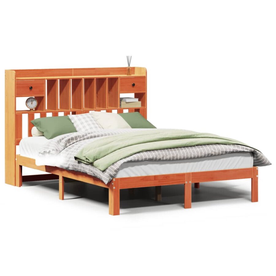 Bed met boekenkast zonder matras grenenhout wasbruin 135x190 cm - Afbeelding 2