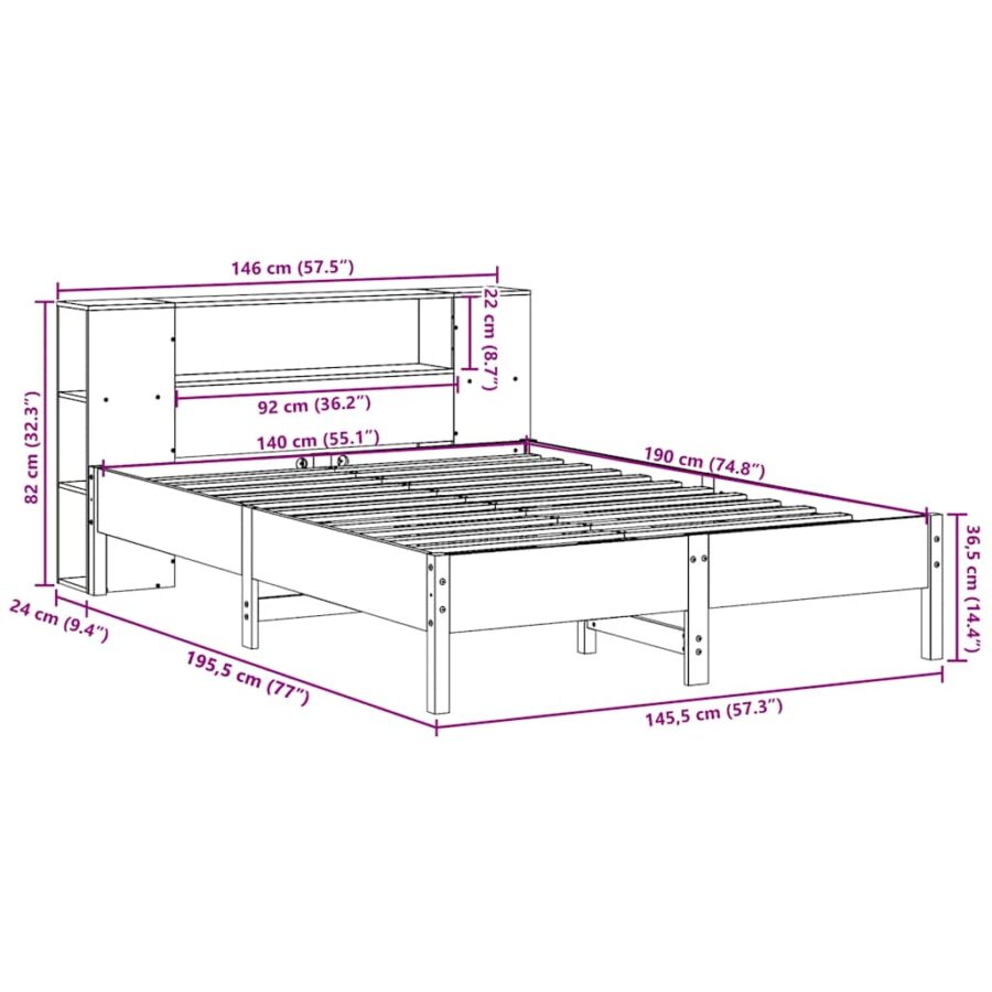 Bed met boekenkast zonder matras massief grenenhout 140x190 cm - Afbeelding 11