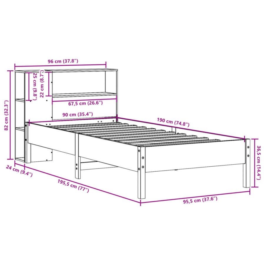 Bed met boekenkast zonder matras massief grenenhout 90x190 cm - Afbeelding 11