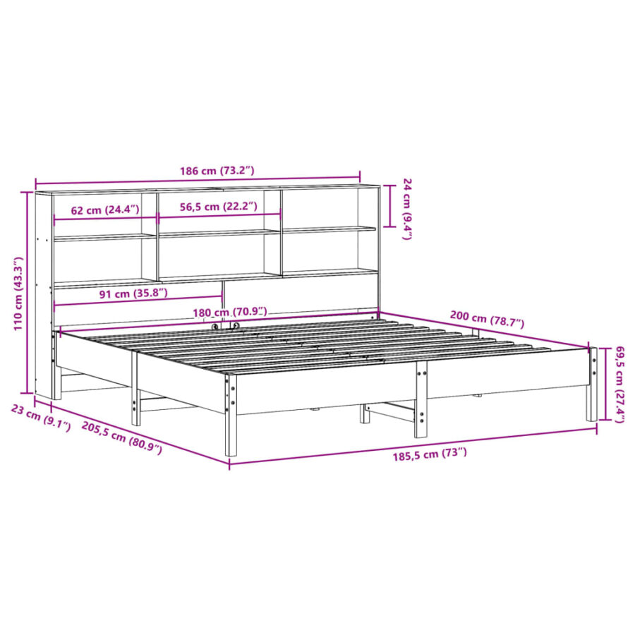 Bed met boekenkast zonder matras grenenhout wasbruin 180x200 cm - Afbeelding 11
