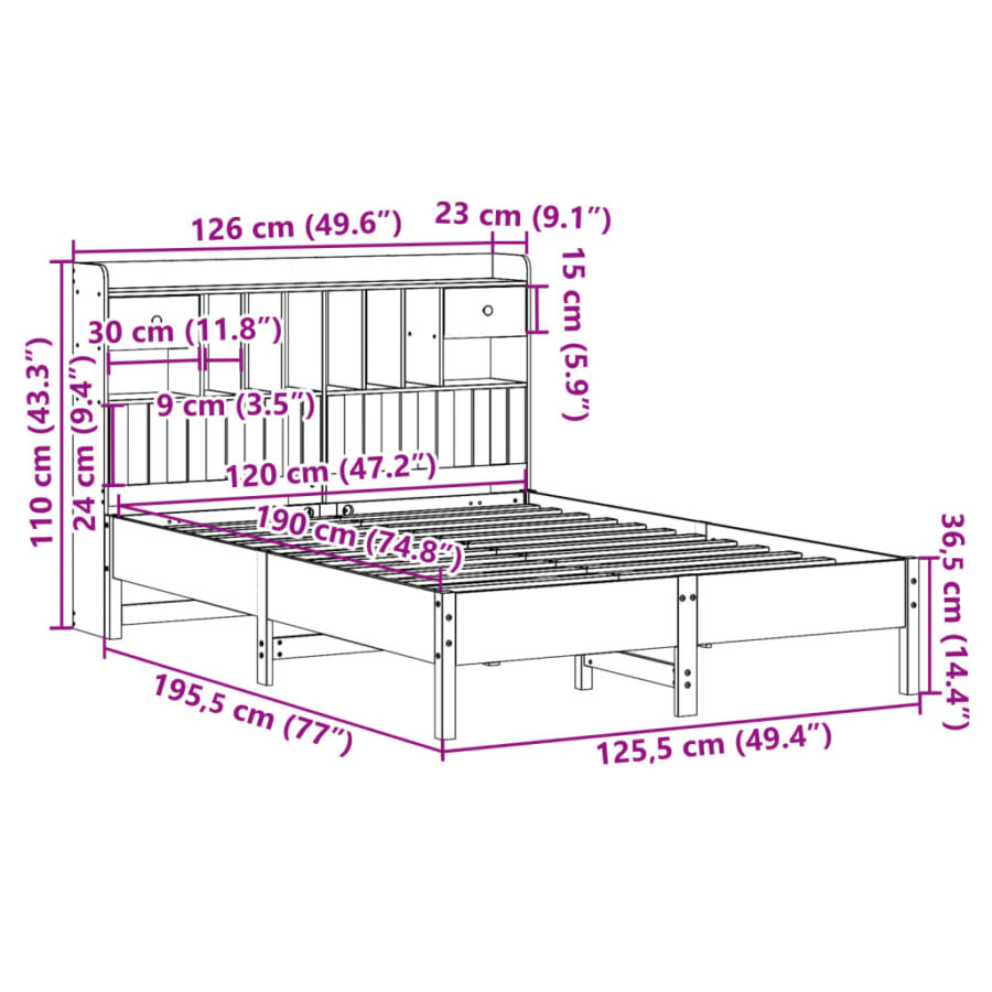 Bed met boekenkast zonder matras massief grenenhout 120x190 cm - Afbeelding 11