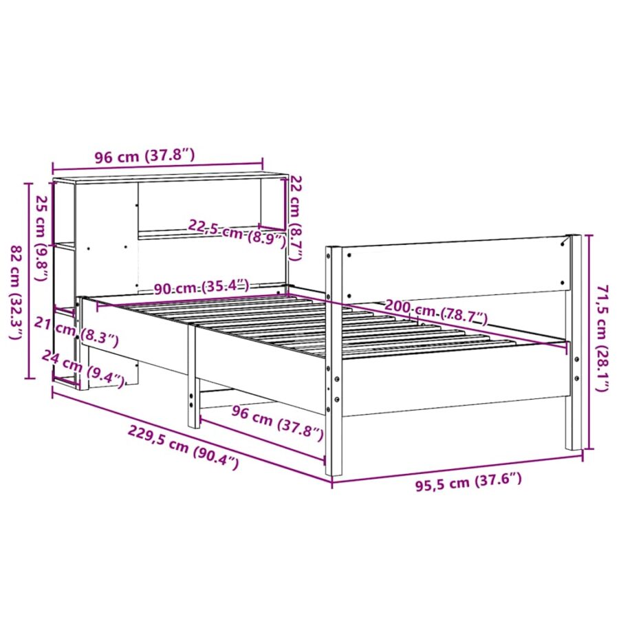 Bed met boekenkast zonder matras grenenhout wasbruin 90x200 cm - Afbeelding 12