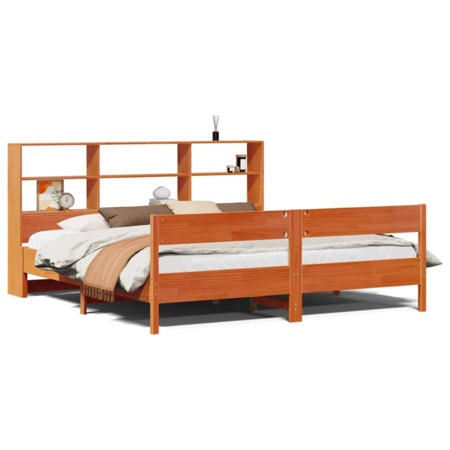 Bed met boekenkast zonder matras grenenhout wasbruin 200x200 cm - Afbeelding 2