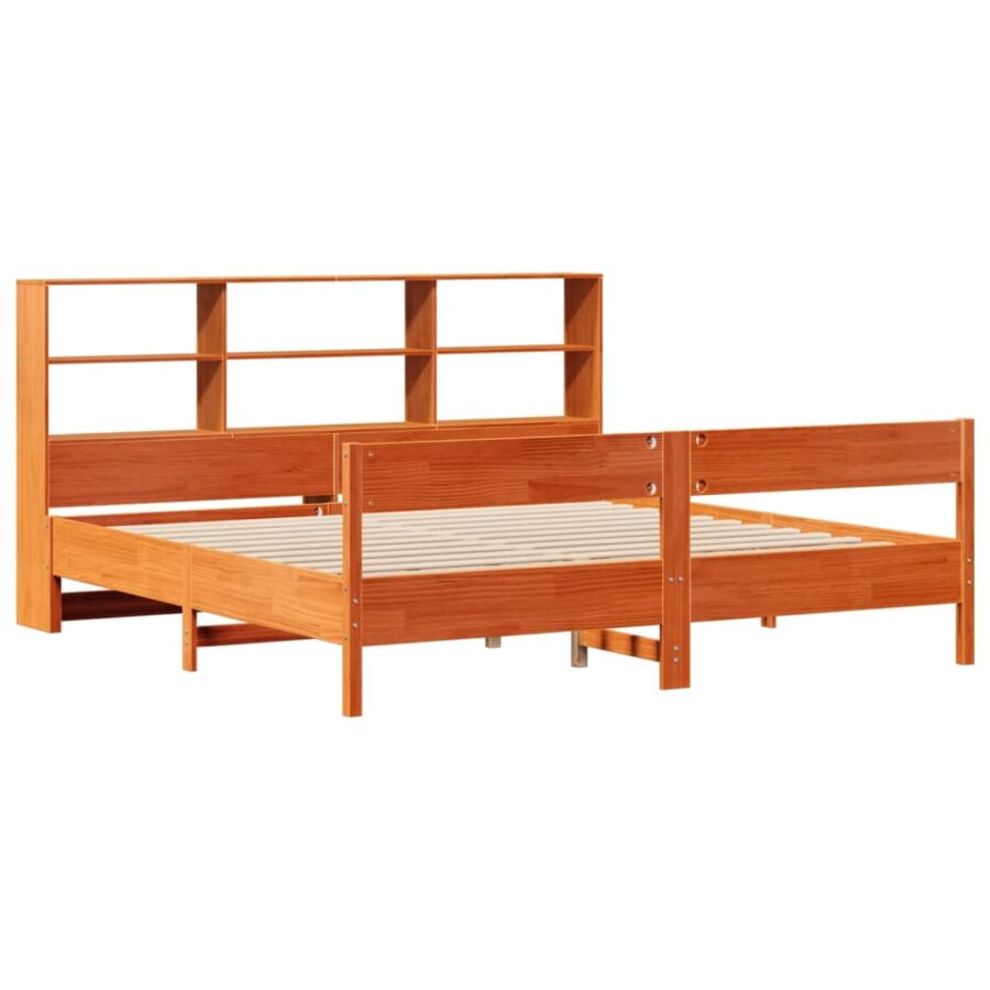 Bed met boekenkast zonder matras grenenhout wasbruin 200x200 cm - Afbeelding 3