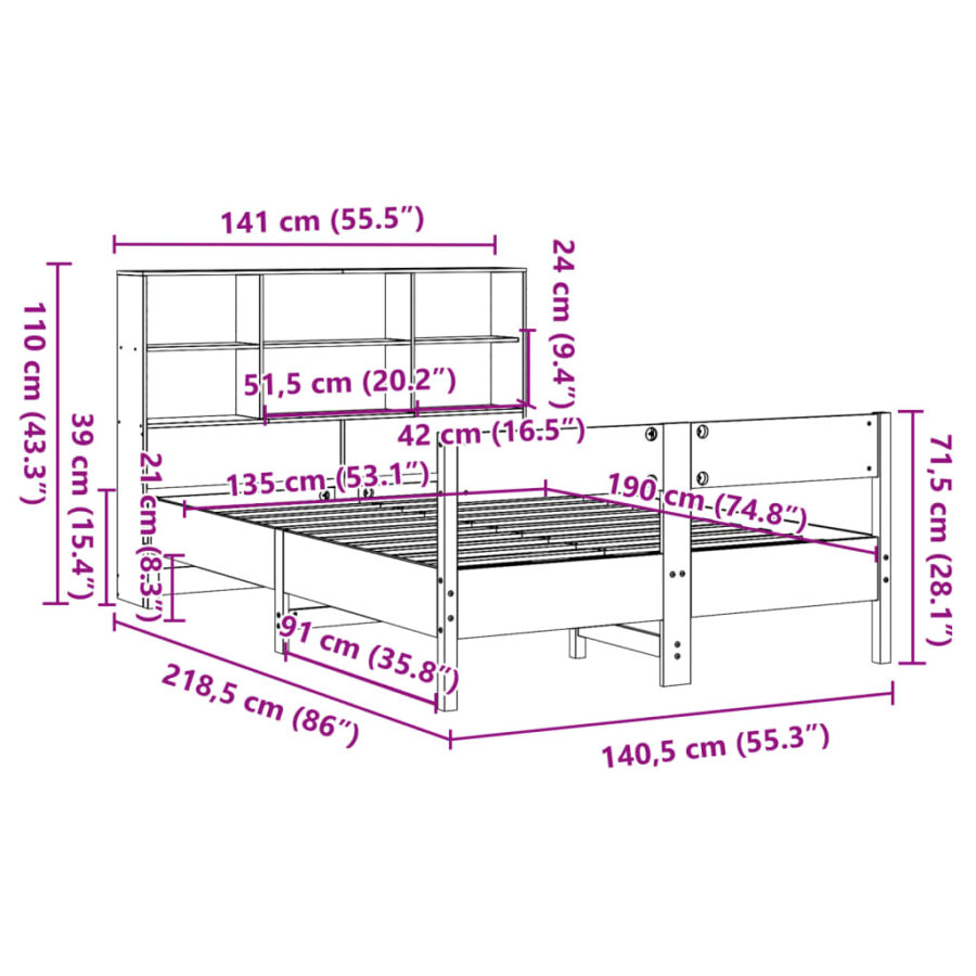 Bed met boekenkast zonder matras grenenhout wasbruin 135x190 cm - Afbeelding 12