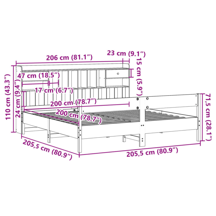 Bed met boekenkast zonder matras grenenhout wit 200x200 cm - Afbeelding 11