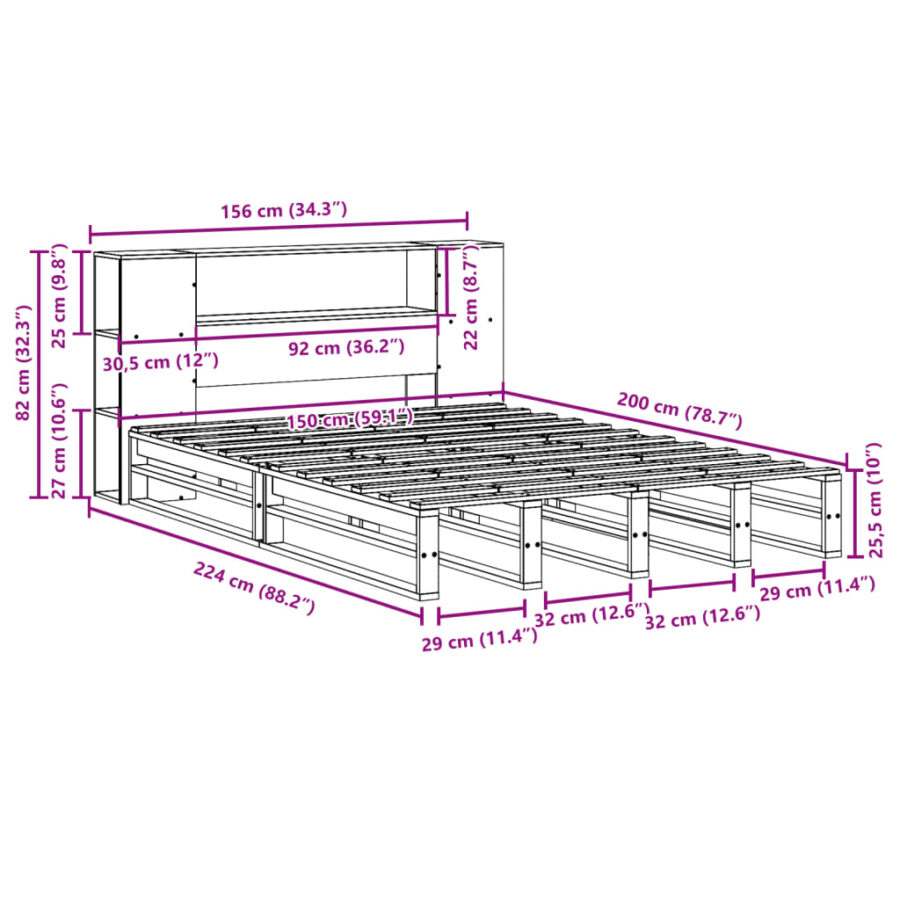 Bed met boekenkast zonder matras massief hout 150x200 cm - Afbeelding 12