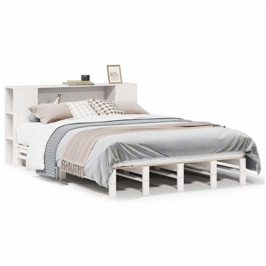 Bed met boekenkast zonder matras massief hout wit 135x190 cm - Afbeelding 2