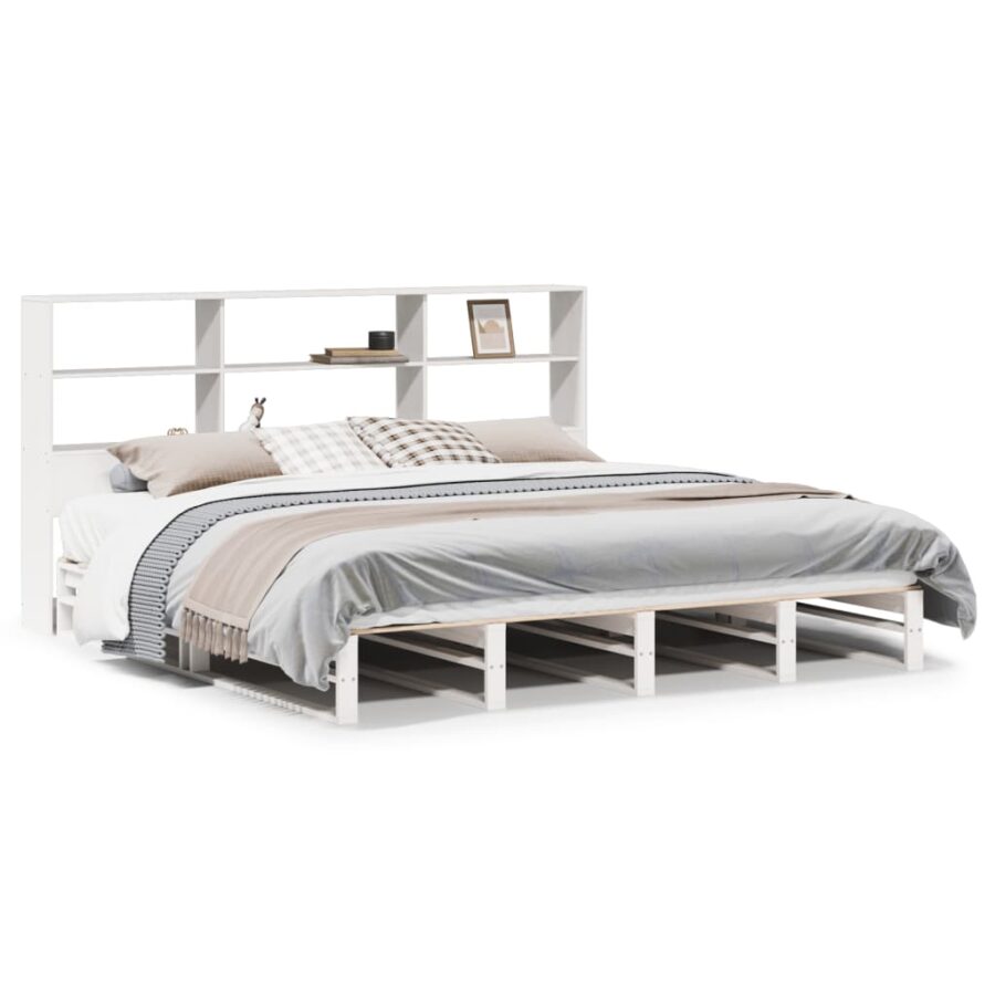 Bed met boekenkast zonder matras massief hout wit 180x200 cm - Afbeelding 2