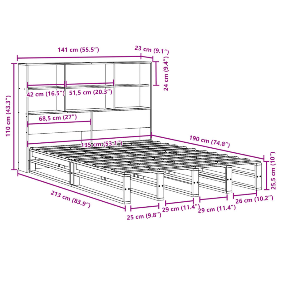 Bed met boekenkast zonder matras hout wasbruin 135x190 cm - Afbeelding 12