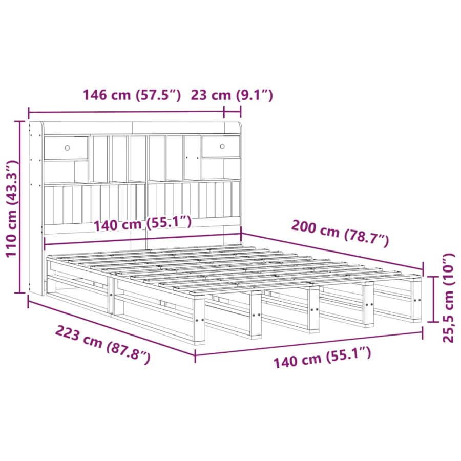 Bed met boekenkast zonder matras grenenhout wit 140x200 cm - Afbeelding 12