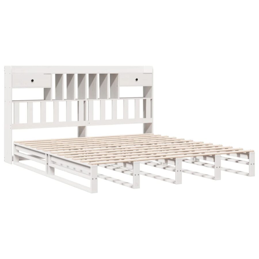 Bed met boekenkast zonder matras grenenhout wit 200x200 cm - Afbeelding 3