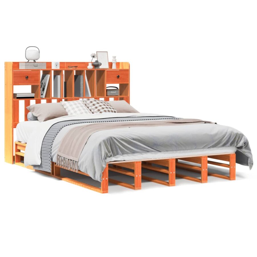 Bed met boekenkast zonder matras grenenhout wasbruin 140x190 cm - Afbeelding 2