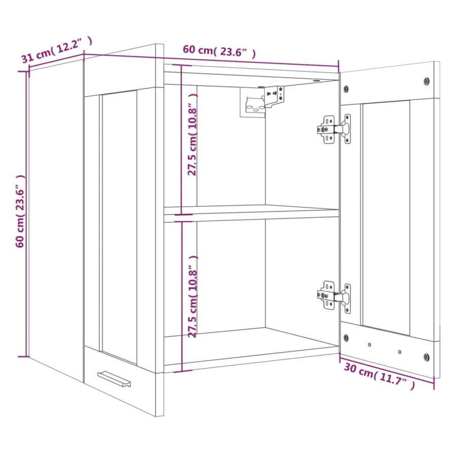 Wandkast hangend 60x31x60 cm glas en bewerkt hout gerookt eiken - Afbeelding 9