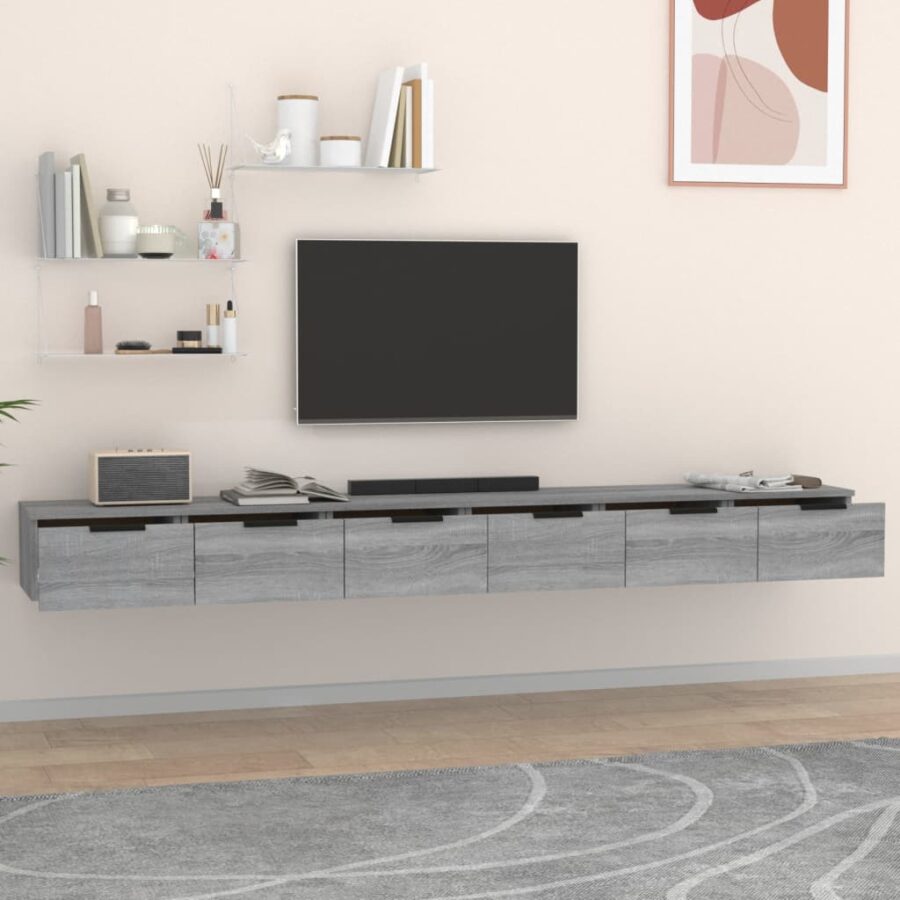 Wandkasten 2 st 102x30x20 cm bewerkt hout grijs sonoma - Afbeelding 3