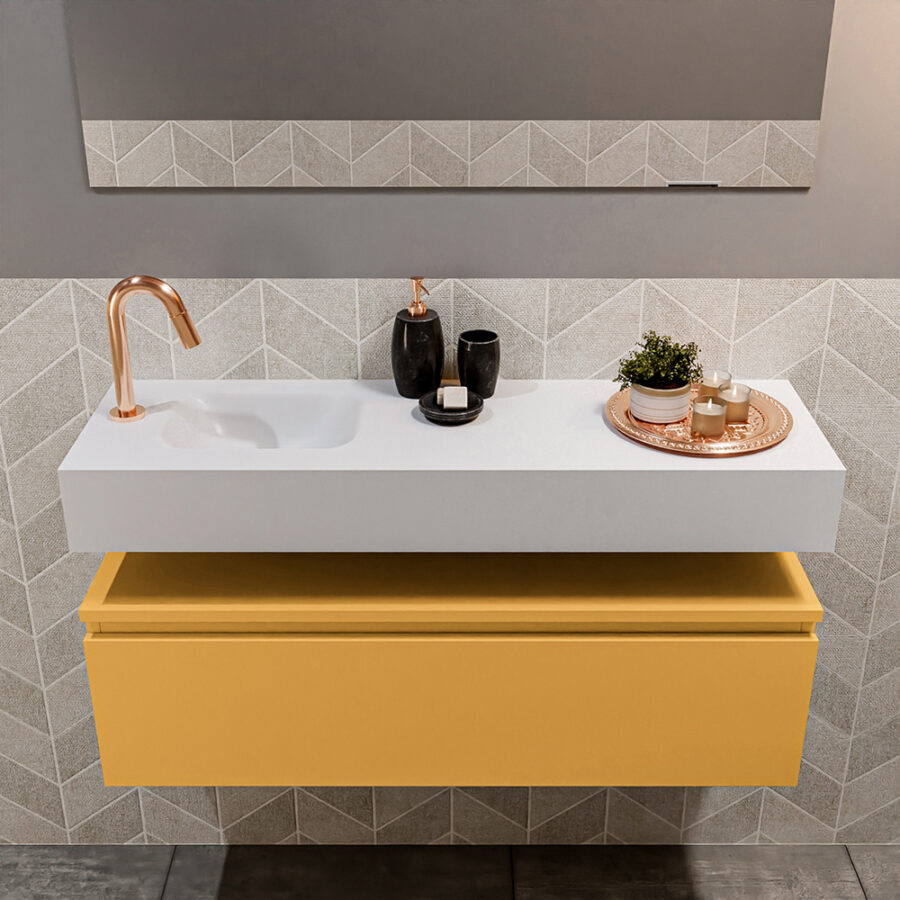 MONDIAZ ANDOR 100cm toiletmeubel ocher. LEX 100cm wastafel talc positie links. Met 1 kraangat - Afbeelding 3