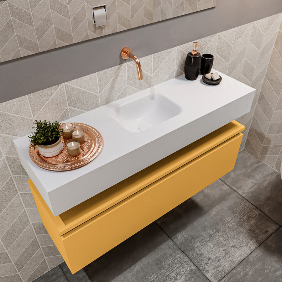MONDIAZ ANDOR 100cm toiletmeubel ocher. LEX 100cm wastafel talc positie midden. Zonder kraangat - Afbeelding 2