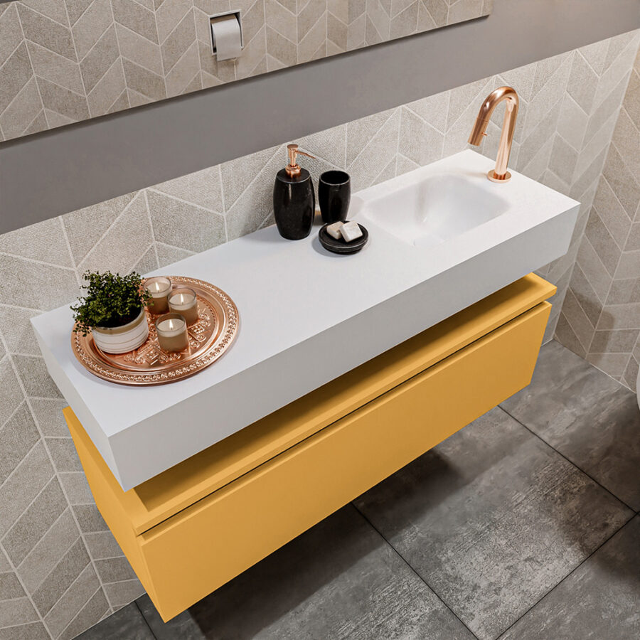 MONDIAZ ANDOR 100cm toiletmeubel ocher. LEX 100cm wastafel talc positie rechts. Met 1 kraangat - Afbeelding 2