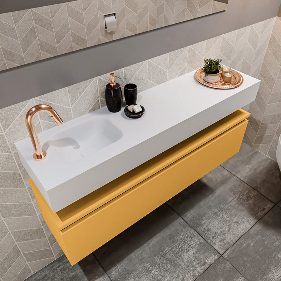 MONDIAZ ANDOR 120cm toiletmeubel ocher. LEX 120cm wastafel talc positie links. Met 1 kraangat - Afbeelding 2