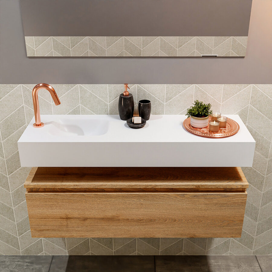 MONDIAZ ANDOR 100cm toiletmeubel washed oak. LEX 100cm wastafel talc positie links. Met 1 kraangat - Afbeelding 3