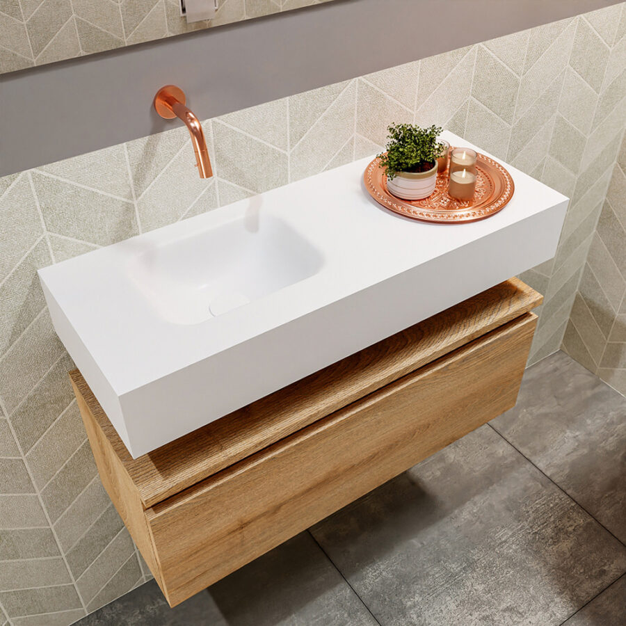 MONDIAZ ANDOR 80cm toiletmeubel washed oak. LEX 80cm wastafel talc positie links. Zonder kraangat - Afbeelding 2