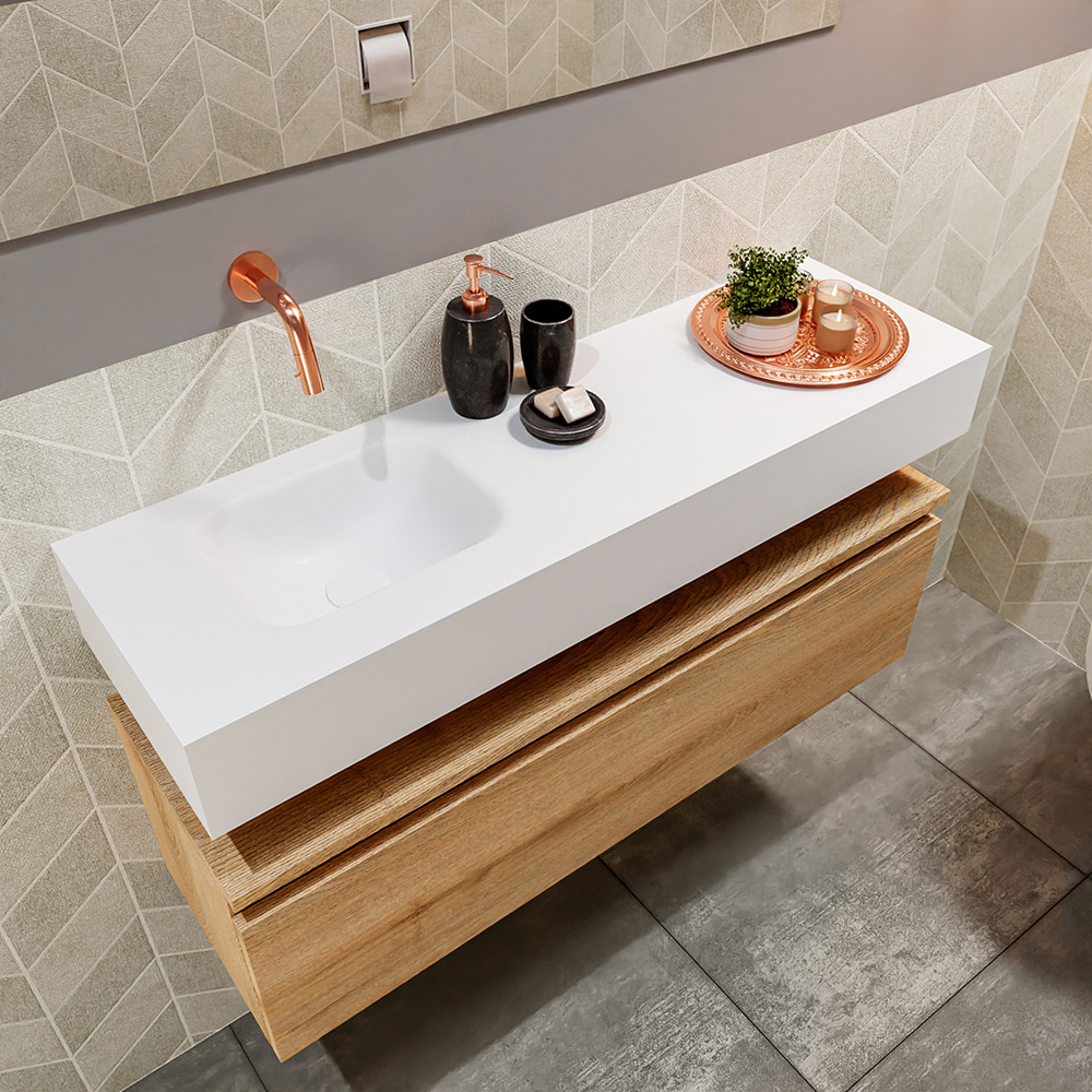 MONDIAZ ANDOR 100cm toiletmeubel washed oak. LEX 100cm wastafel talc positie links. Zonder kraangat - Afbeelding 2