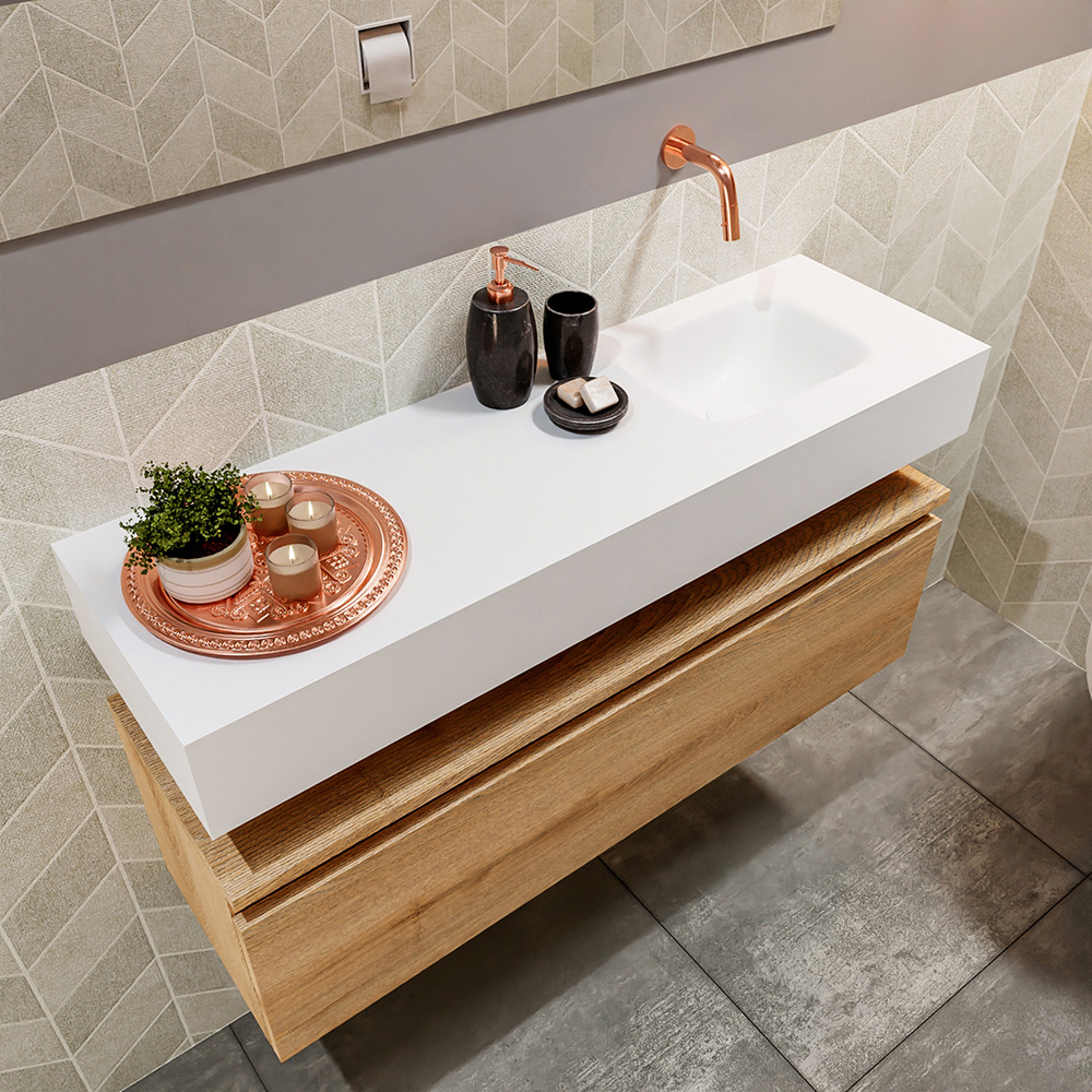 MONDIAZ ANDOR 100cm toiletmeubel washed oak. LEX 100cm wastafel talc positie rechts. Zonder kraangat - Afbeelding 2