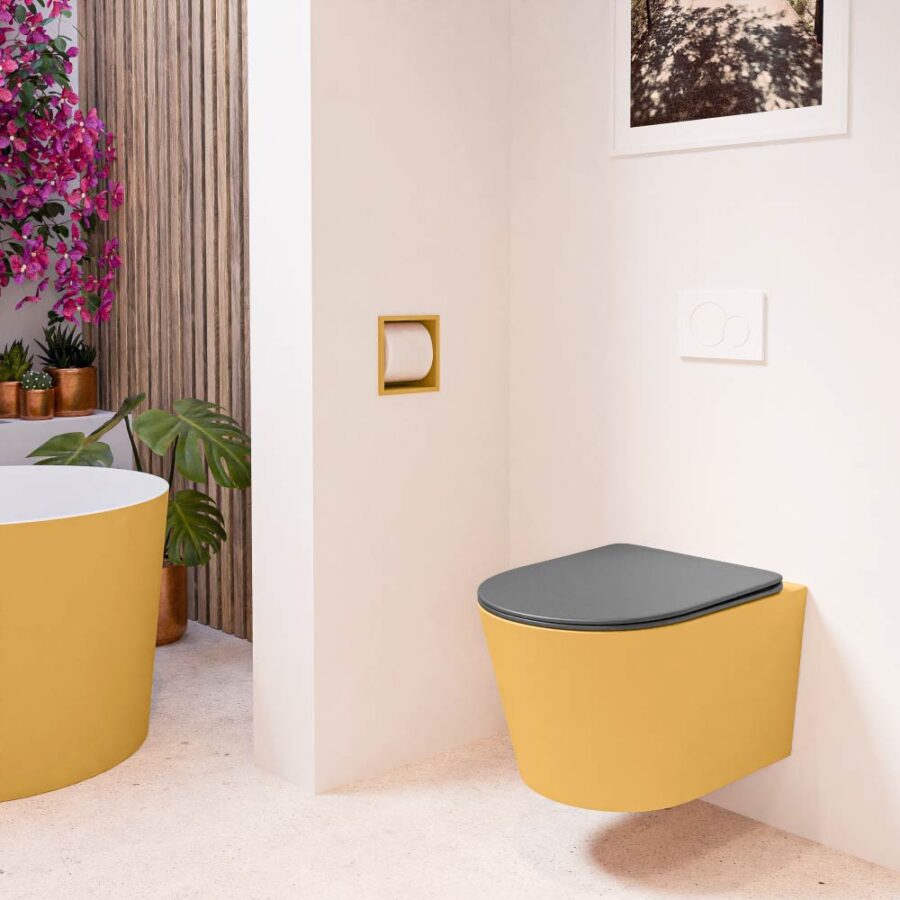 MONDIAZ LAVIE hangend toilet single fire rimless diepspoel Ocher. Toiletzitting met quick-release & softclose Dark Grey. - Afbeelding 3
