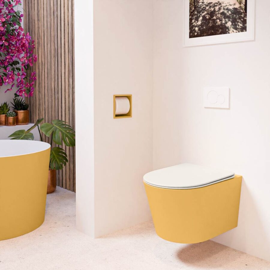 MONDIAZ LAVIE hangend toilet single fire rimless diepspoel Ocher. Toiletzitting met quick-release & softclose Linen. - Afbeelding 3