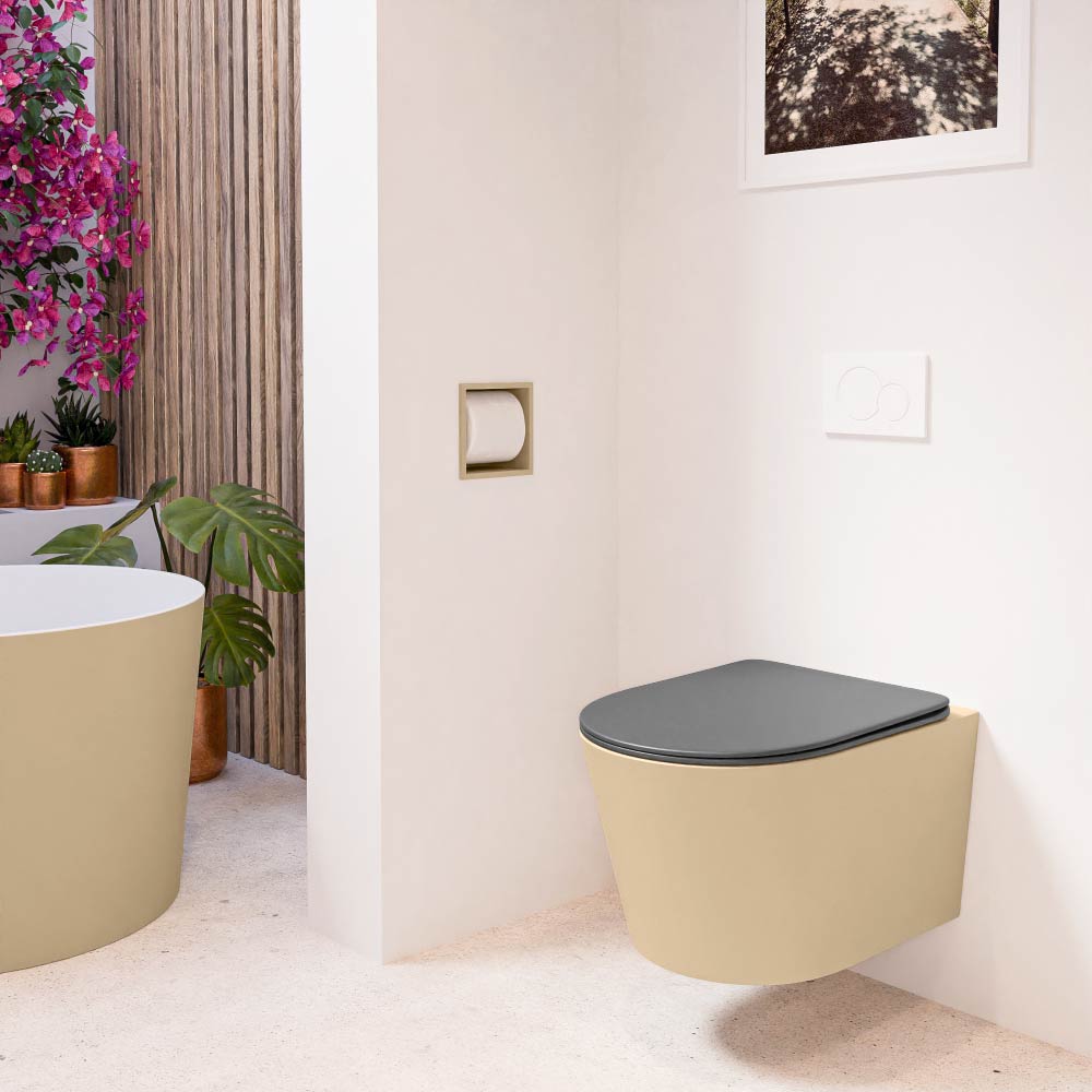 MONDIAZ LAVIE hangend toilet single fire rimless diepspoel Sand. Toiletzitting met quick-release & softclose Dark Grey. - Afbeelding 3