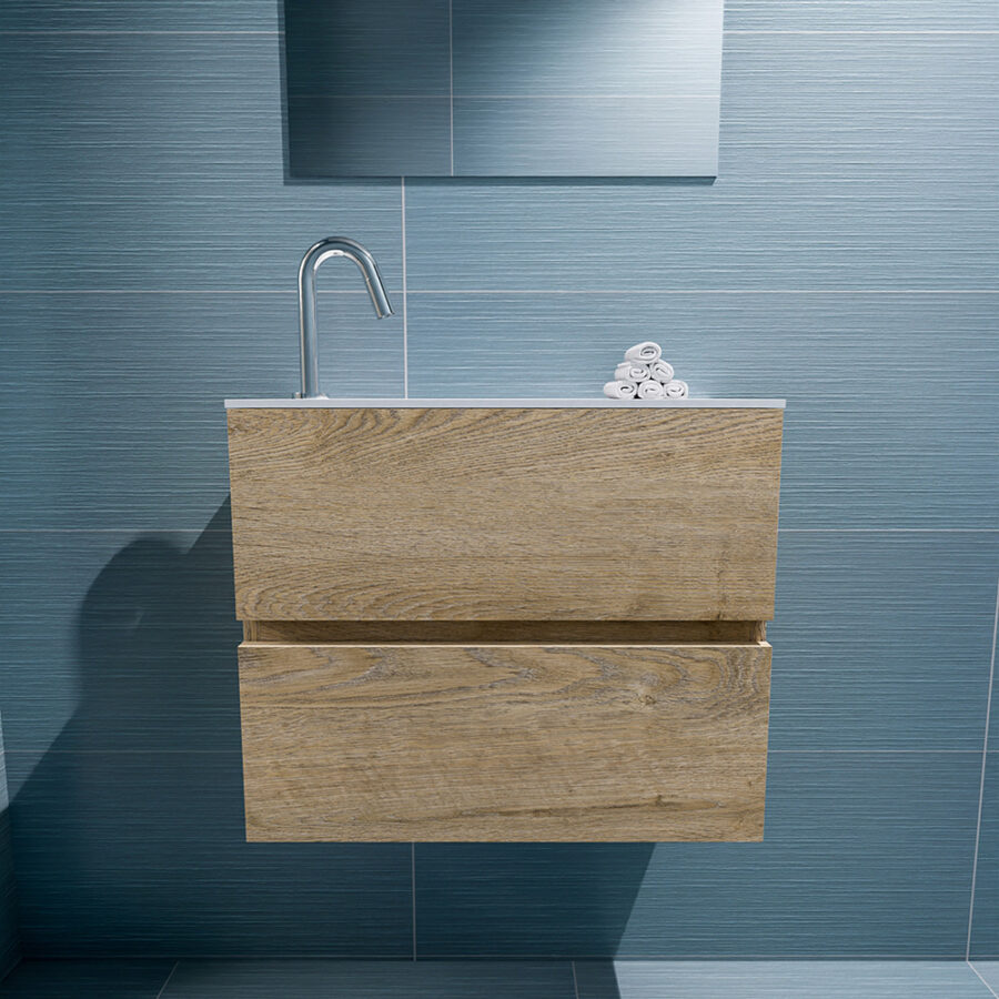 MONDIAZ ADA 60cm toiletmeubel washed oak. LEX wastafel talc positie links. Met 1 kraangat - Afbeelding 3