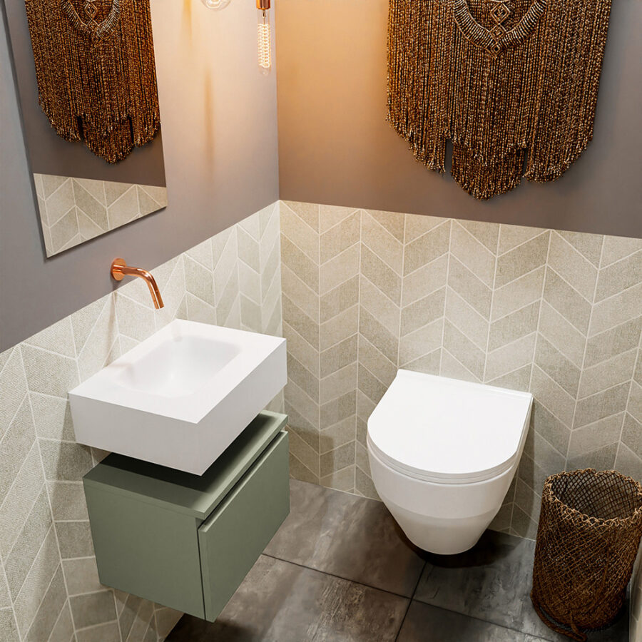 MONDIAZ ANDOR 40cm toiletmeubel army. LEX 40cm wastafel talc positie midden. Zonder kraangat