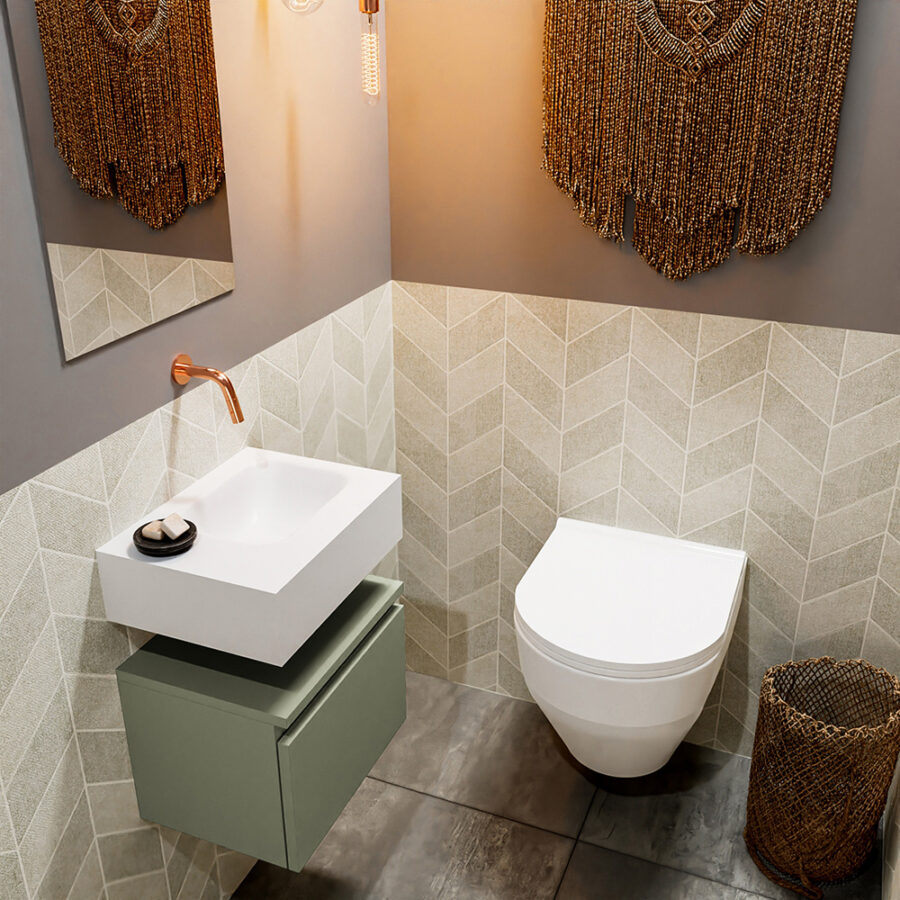 MONDIAZ ANDOR 40cm toiletmeubel army. LEX 40cm wastafel talc positie rechts. Zonder kraangat
