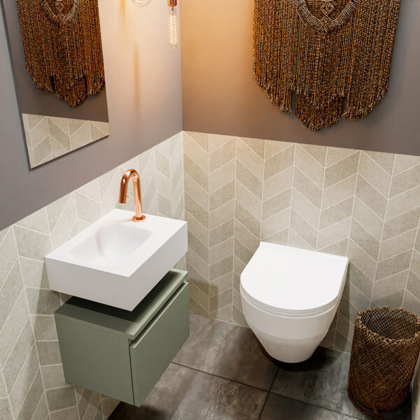 MONDIAZ ANDOR 40cm toiletmeubel army. LEX 40cm wastafel talc positie links. Met 1 kraangat