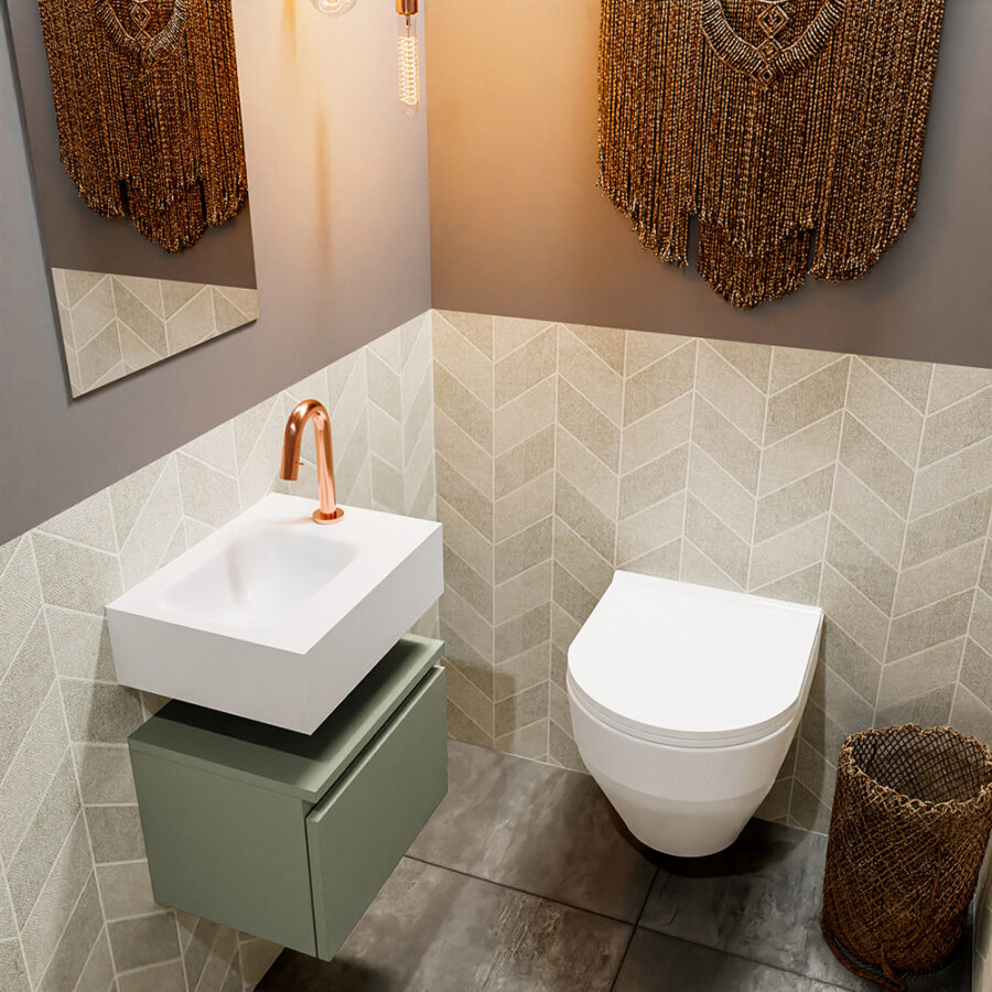 MONDIAZ ANDOR 40cm toiletmeubel army. LEX 40cm wastafel talc positie links. Met 1 kraangat