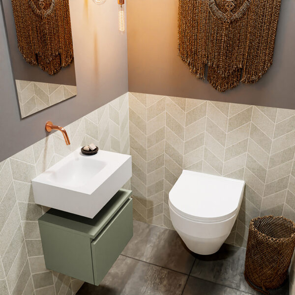 MONDIAZ ANDOR 40cm toiletmeubel army. LEX 40cm wastafel talc positie links. Zonder kraangat