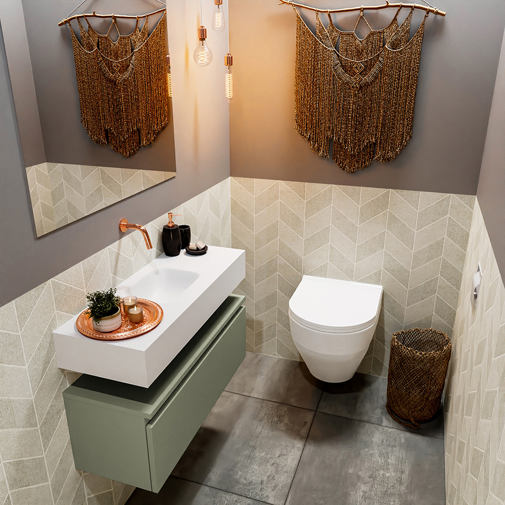 MONDIAZ ANDOR 80cm toiletmeubel army. LEX 80cm wastafel talc positie midden. Zonder kraangat