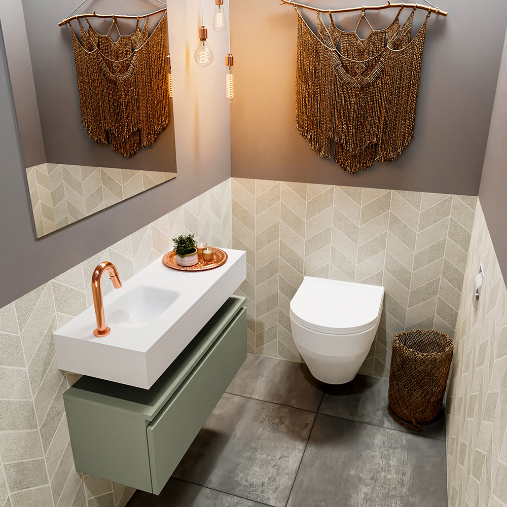 MONDIAZ ANDOR 80cm toiletmeubel army. LEX 80cm wastafel talc positie links. Met 1 kraangat