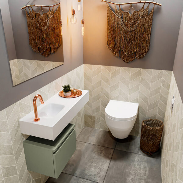 MONDIAZ ANDOR 40cm toiletmeubel army. LEX 80cm wastafel talc positie links. Met 1 kraangat