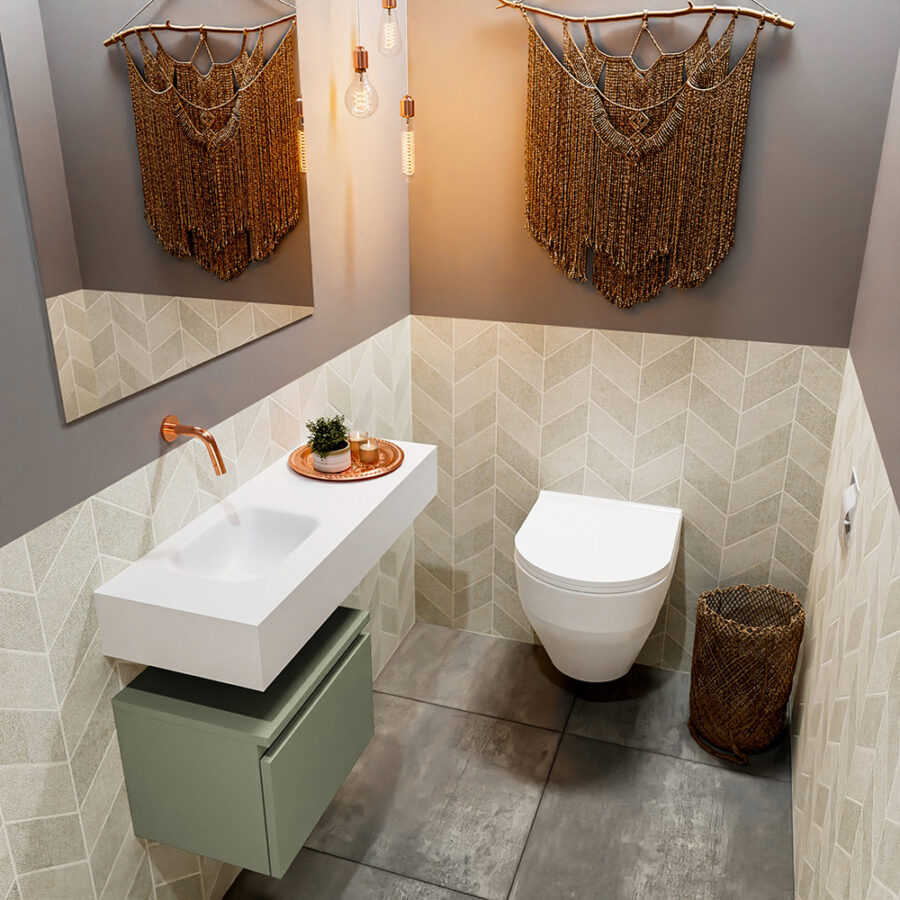 MONDIAZ ANDOR 40cm toiletmeubel army. LEX 80cm wastafel talc positie links. Zonder kraangat