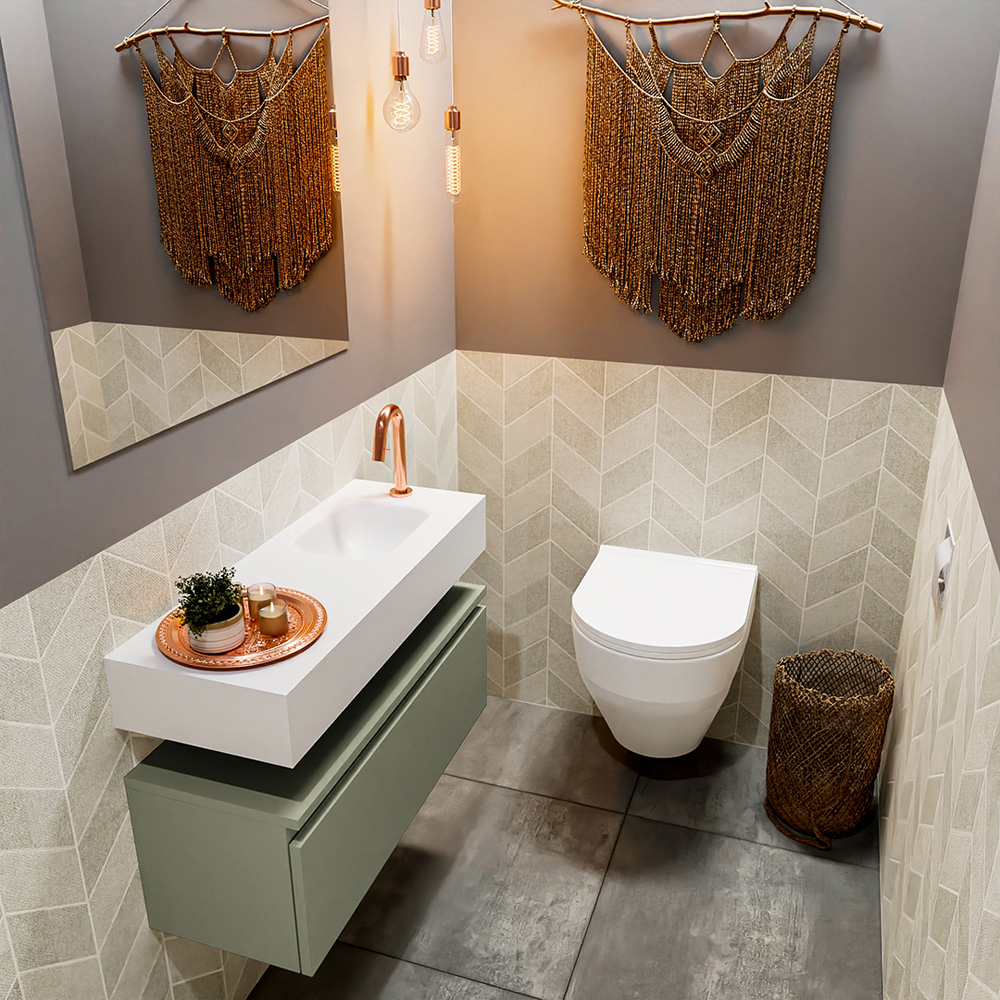 MONDIAZ ANDOR 80cm toiletmeubel army. LEX 80cm wastafel talc positie rechts. Met 1 kraangat