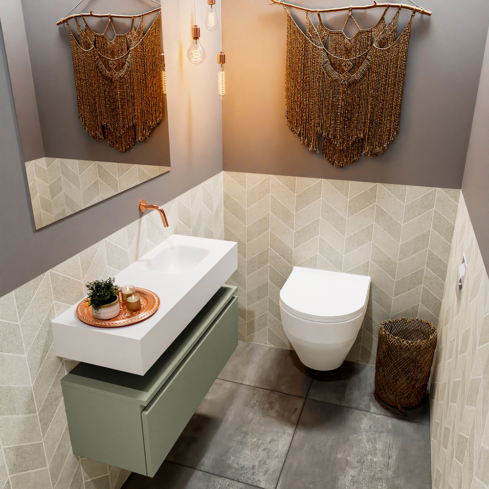 MONDIAZ ANDOR 80cm toiletmeubel army. LEX 80cm wastafel talc positie rechts. Zonder kraangat