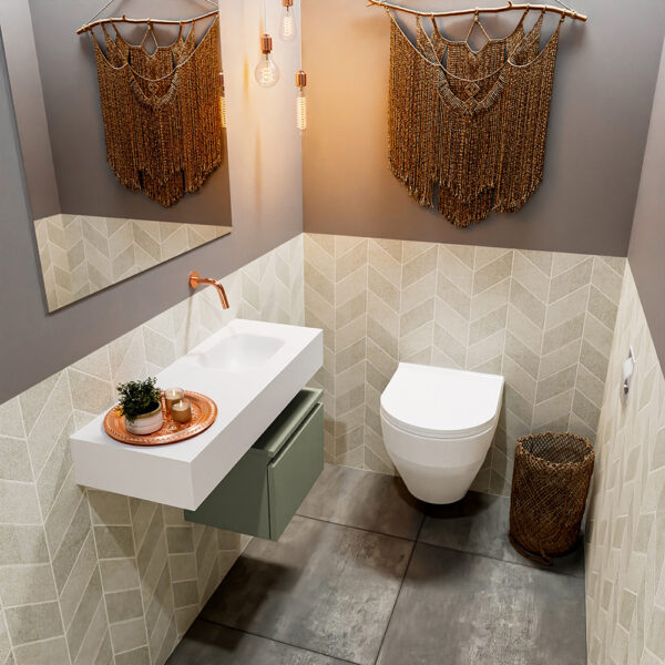MONDIAZ ANDOR 40cm toiletmeubel army. LEX 80cm wastafel talc positie rechts. Zonder kraangat