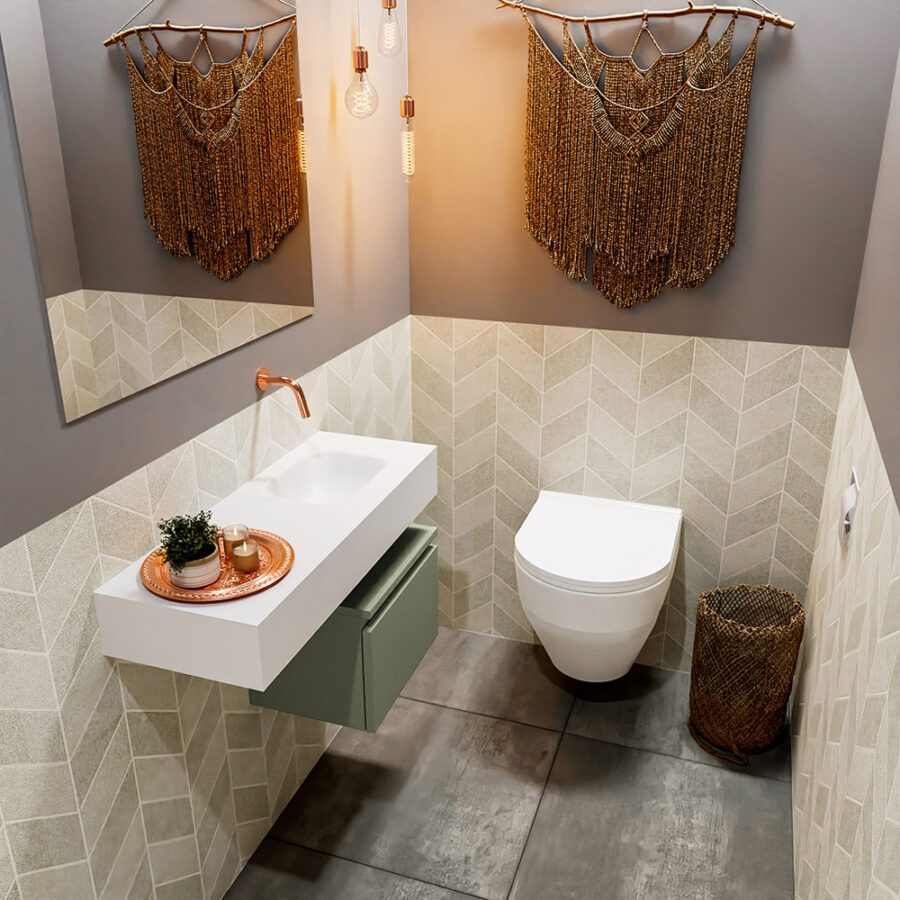 MONDIAZ ANDOR 40cm toiletmeubel army. LEX 80cm wastafel talc positie rechts. Zonder kraangat
