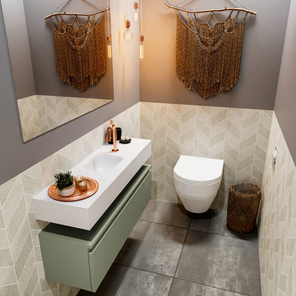 MONDIAZ ANDOR 100cm toiletmeubel army. LEX 100cm wastafel talc positie midden. Met 1 kraangat