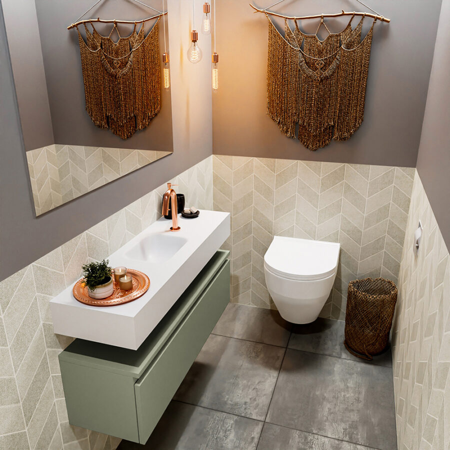 MONDIAZ ANDOR 100cm toiletmeubel army. LEX 100cm wastafel talc positie midden. Met 1 kraangat