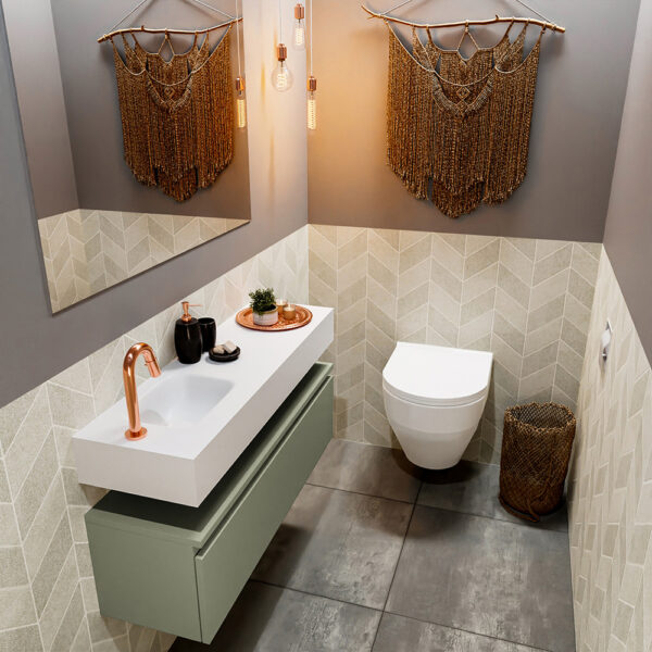 MONDIAZ ANDOR 100cm toiletmeubel army. LEX 100cm wastafel talc positie links. Met 1 kraangat